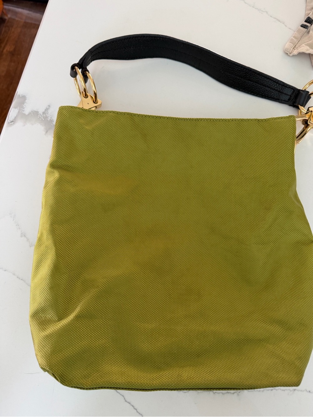 Olive Green Shoulder Tote with Black Strap and Gold Hardware
